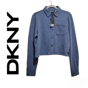 DKNY Jeans Button Down Cropped Heathered Indigo Blue Sweatshirt Shacket M